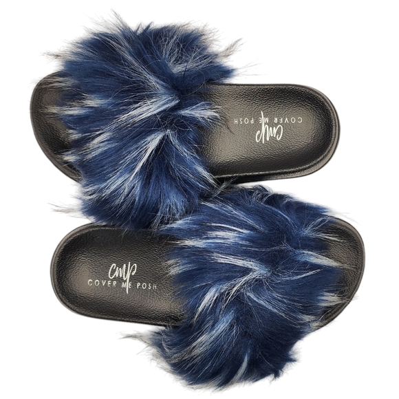 Cover Me Posh Shoes - Faux Fur Blue and White Slide Slippers Non Slip Size 40-41